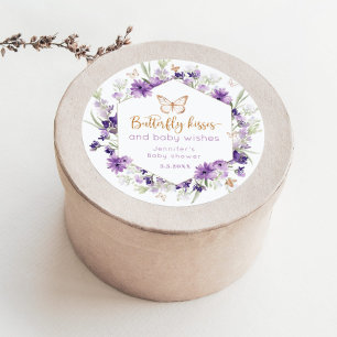 Vilda blommor lila Fjäril kyssar baby shower Runt Klistermärke
