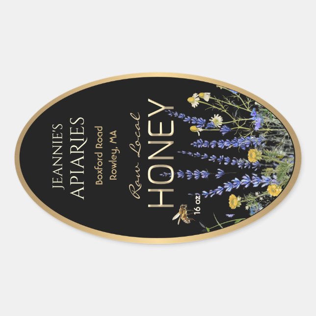Vilda blommor Lokal Rå Honung Etikett Bie Svart Gu (Framsida)