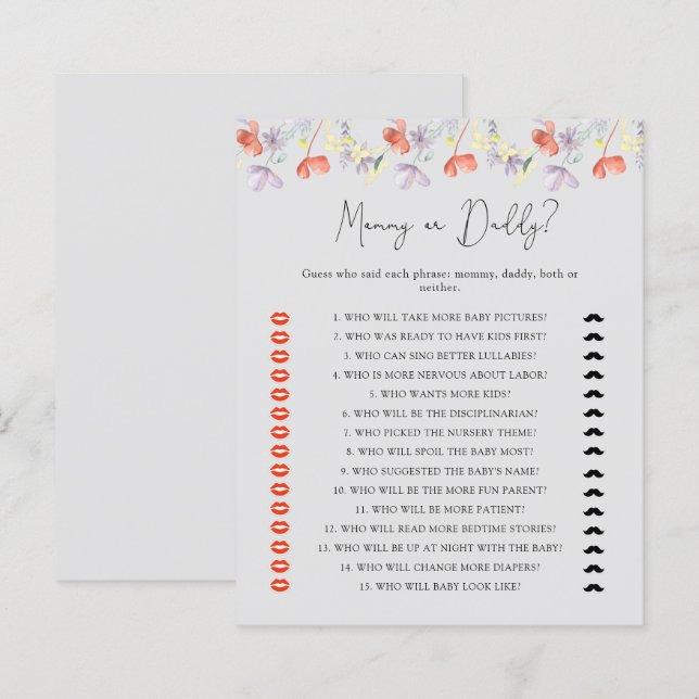 Vilda blommor mamma eller pappa baby shower spel (Fram/baksida)