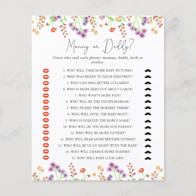 Vilda blommor mammy eller daddy baby shower spel (Framsida)