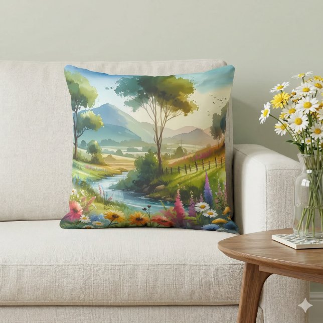 Vilda blommor och bäck i Spring Valley Kudde (Wildflowers and Stream in Spring Valley Throw Pillow Mockup A)