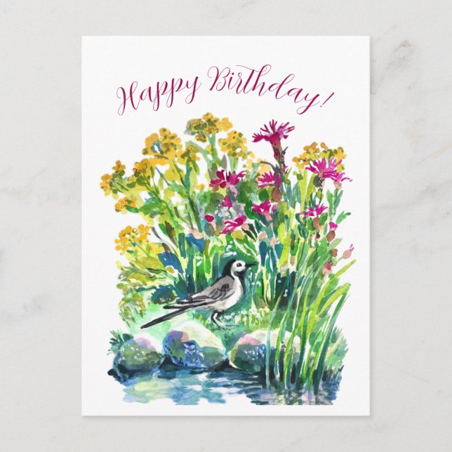 Vilda blommor och en sädesärla vykort (Framsida)