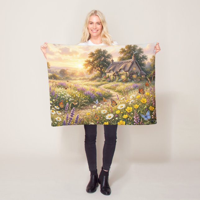 Vilda blommor och en söt stuga fleecefilt (På plats)