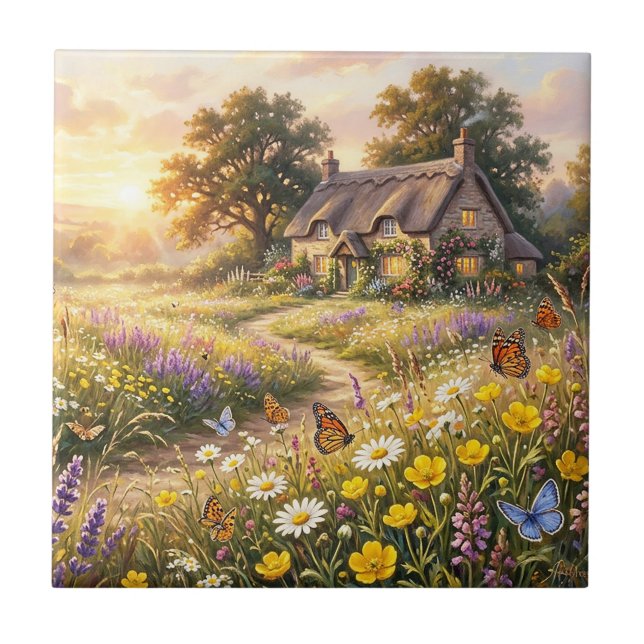 Vilda blommor och en söt stuga kakelplatta (Framsidan)