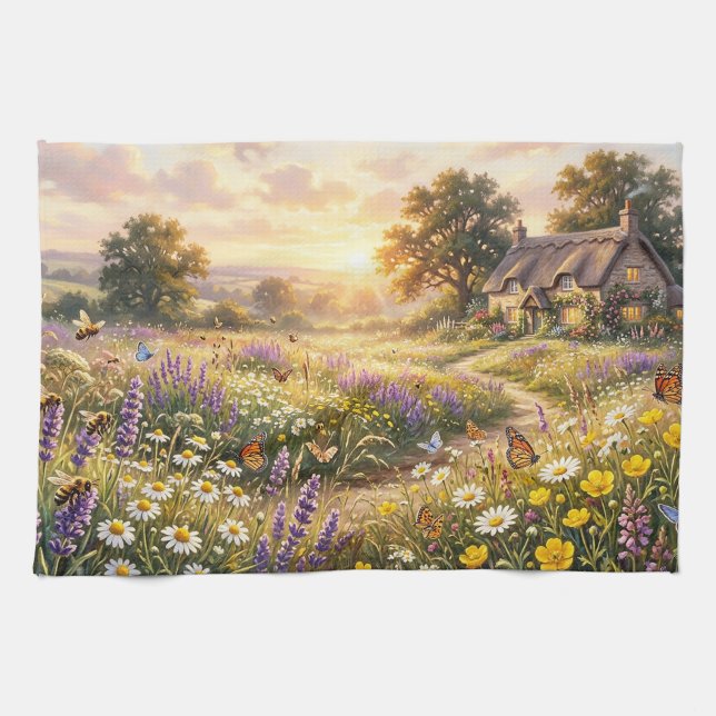 Vilda blommor och en söt stuga kökshandduk (Horisontell)