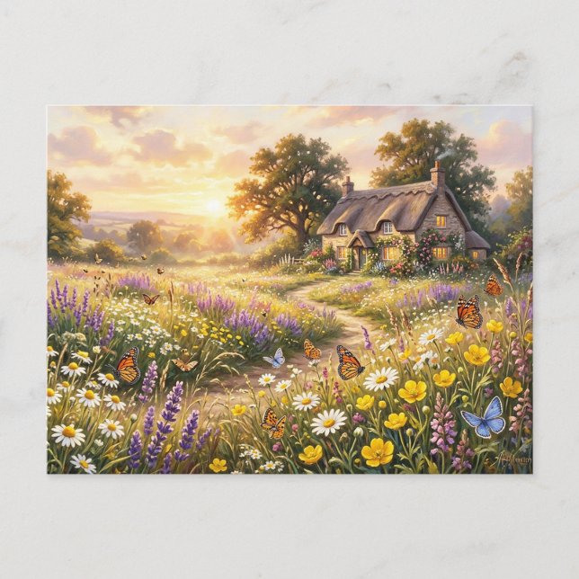 Vilda blommor och en söt stuga vykort (Framsida)