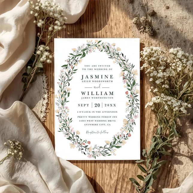 Vilda blommor oval blomsterkrans QR-kod bröllop Inbjudningar (Skapare uppladdad)