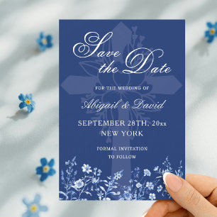 Vilda blommor på fransk blå bröllops-Save The Date Spara Datumet