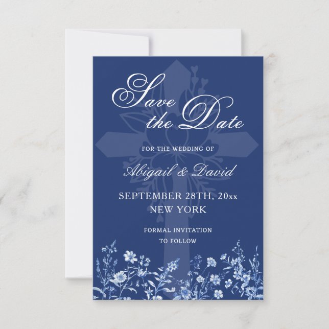 Vilda blommor på fransk blå bröllops-Save The Date Spara Datumet (Framsida)