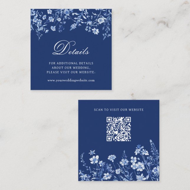 Vilda blommor på franskt blått bröllopsdetaljer QR Tilläggskort (Fram/baksida)