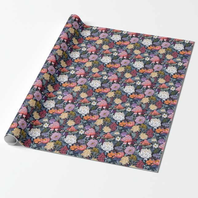 Vilda blommor på svart presentpapper (Utrullad)