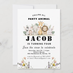 Vilda blommor Party Animal Barnkalas Inbjudningar