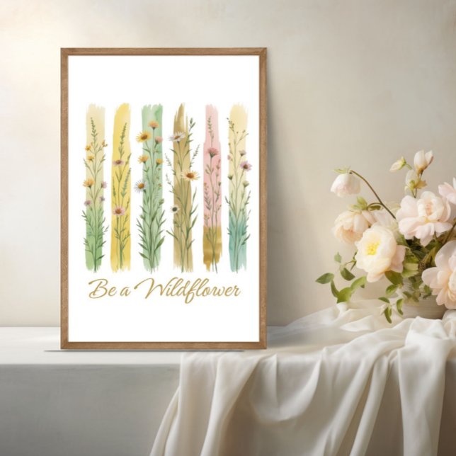 Vilda blommor Penseldrag Vattenfärg Grön Guld  Poster (Wildflowers Brush Stroke Watercolor Be A Wildflower Poster Print. Printed or Digital Download)