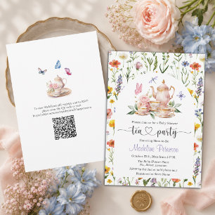 Vilda blommor QR-kod Tea Party Baby Shower Inbjudningar