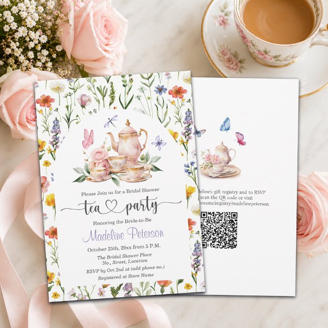 Vilda blommor QR-kod Tea Party Bröllopsdusch  Inbjudningar (Skapare uppladdad)