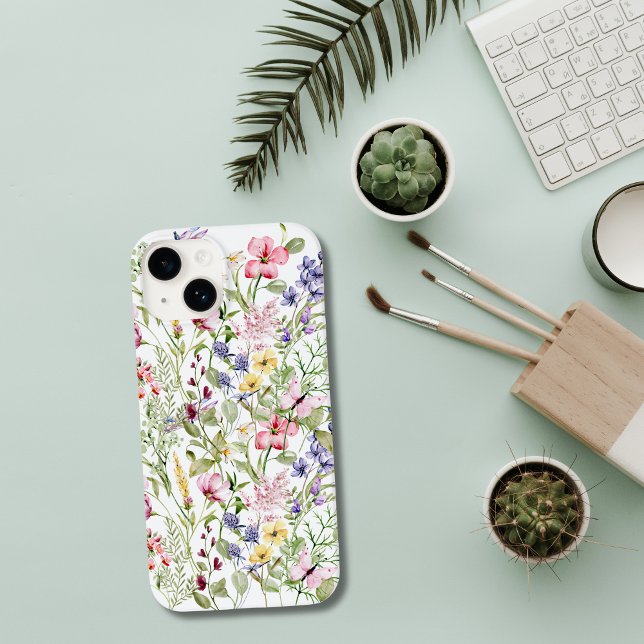 Vilda blommor Rosa Lila Gula Blommor Grönska (Watercolor Wildflowers iPhone and Samsung Phone case., iPhone 15 14 13 12 11 case.)