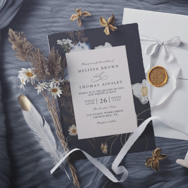 Vilda blommor Rustik Boho Elegant QR-kod Bröllop Inbjudningar (Skapare uppladdad)