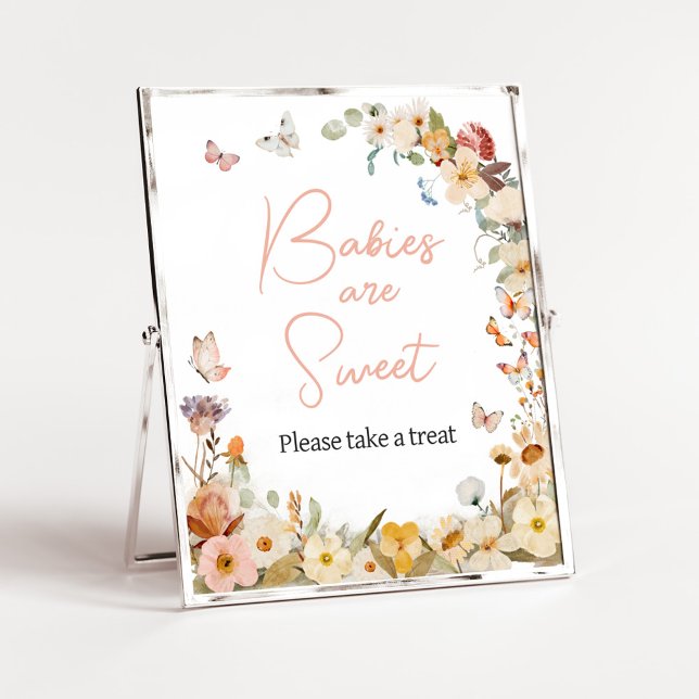 Vilda blommor Små fjärilsbebisar är söta Poster (Little Butterfly Wildflower Baby Shower Babies are Sweet Sign)