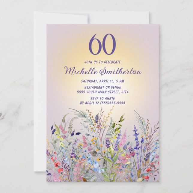Vilda blommor Sol Lila Kvinnors 60-årsdag Inbjudningar (Framsida)