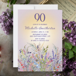 Vilda blommor Sol Lila Kvinnors 90-årsdag Inbjudningar