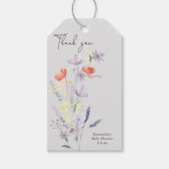 Vilda blommor tack baby shower presentetikett (Framsidan)