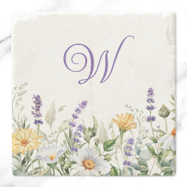 Vilda blommor Vattenfärgskant Monogram Stenunderlägg