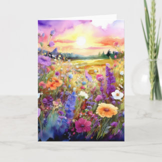 Vilda blommor vid solnedgång i akvarell kort
