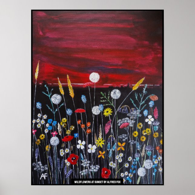 Vilda blommor vid solnedgångsmålning av Alfred Fox Poster (Framsidan)