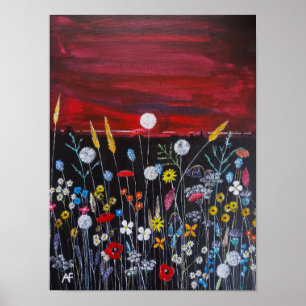 Vilda blommor vid solnedgångsmålning av Alfred Fox Poster