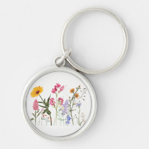 Vilda blommor, Vintage botanik, Pastellblommor Rund Silverfärgad Nyckelring