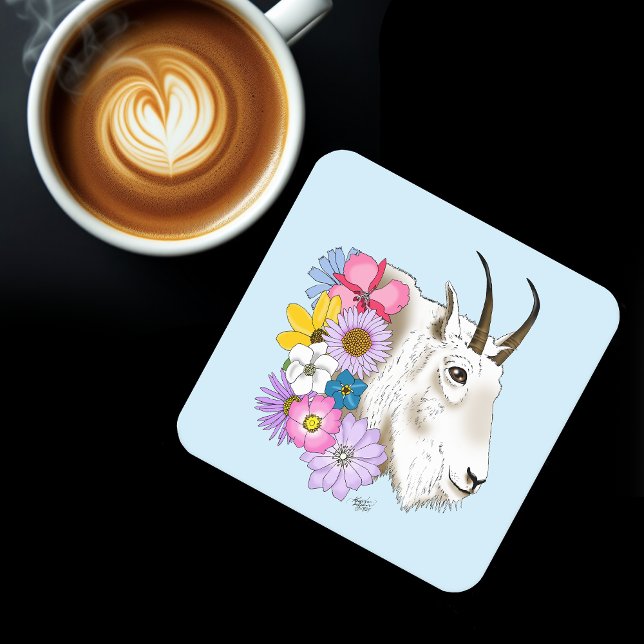 Vilda blommor Vit Bergget Goat Natur Vilda djur Underlägg Papper Kvadrat (Skapare uppladdad)