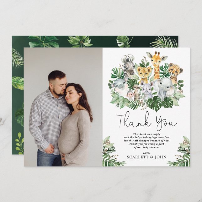 Vilda djungel safari djur tropisk baby shower tack kort (Fram/baksida)