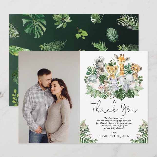 Vilda djungelns safari djur tropisk baby shower tack kort (Fram/baksida)