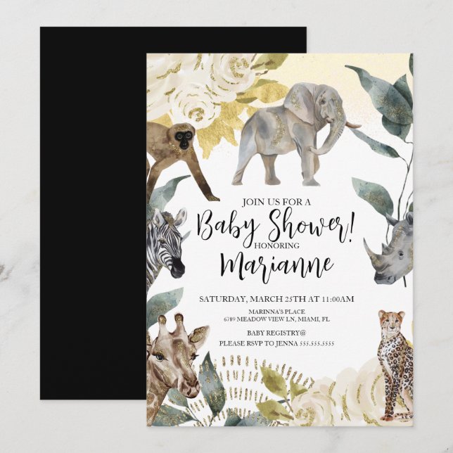 Vilda djur baby shower falskt guld glitter inbjudningar (Fram/baksida)