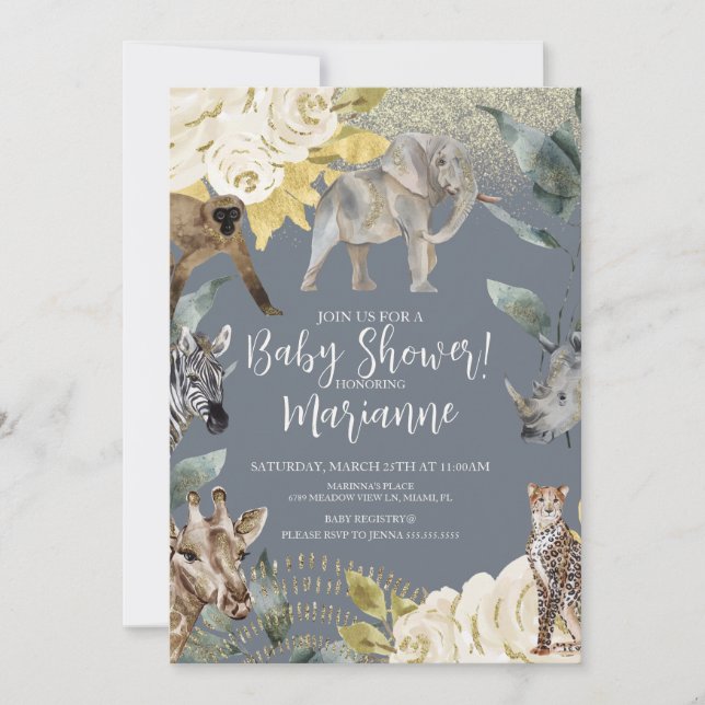 Vilda djur baby shower glitter dammigt blått inbjudningar (Framsida)