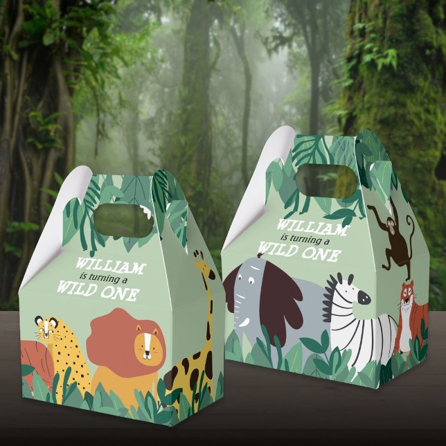 Vilda Djur Dschungel Safari Första Födelsedagen Presentaskar (Wild One Jungle Safari Animals First Birthday Favor Boxes)
