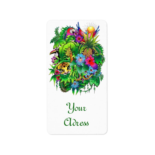 Vilda djur gömt i Surreal Jungle Adressetikett (Framsidan)