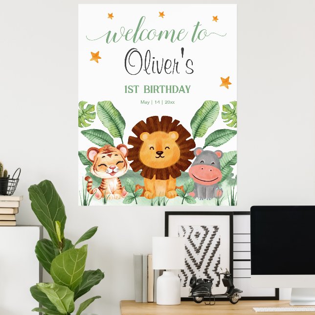 Vilda djur Jungle Animals Tropical Boy Birthday Poster (Hemmakontoret)