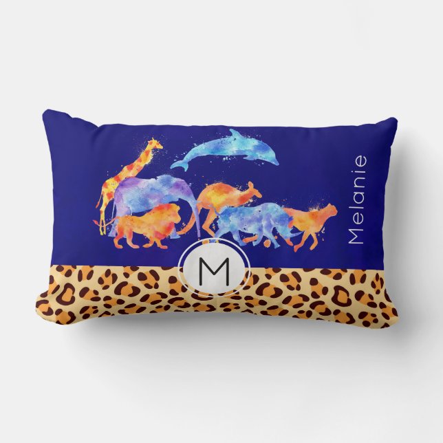 Vilda djur med leopard Print Gräns Monogram Lumbarkudde (Framsida)