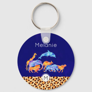 Vilda djur med leopard Print Gräns Monogram Nyckelring