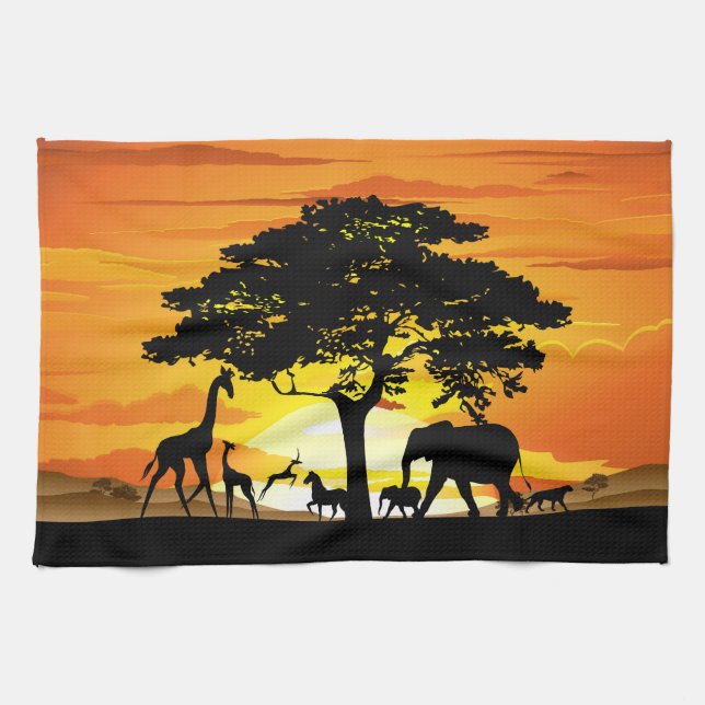 Vilda djur om African Savanna Sunset Kökshandduk (Horisontell)
