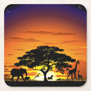 Vilda djur om African Savanna Sunset Underlägg Papper Kvadrat