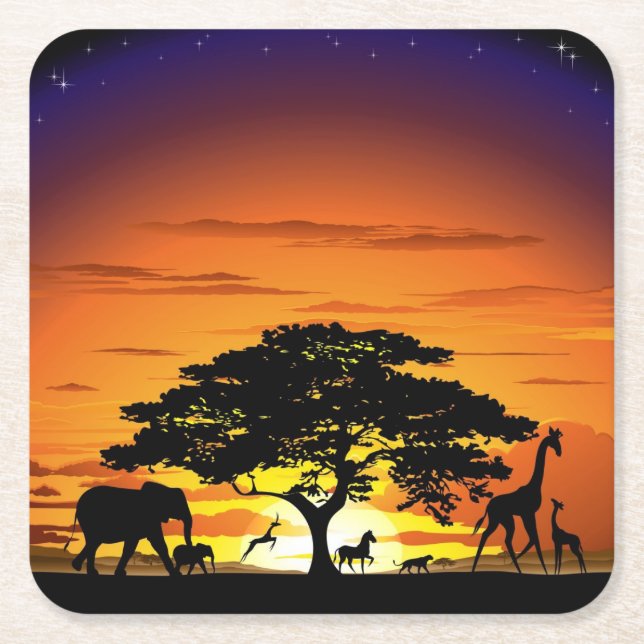 Vilda djur om African Savanna Sunset Underlägg Papper Kvadrat (Framsidan)