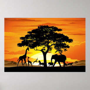 Vilda djur på afrikansk savann solnedgång poster