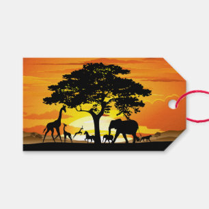 Vilda djur på afrikansk savann solnedgång presentetikett