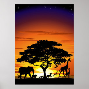 Vilda djur på Savannah Sunset Poster