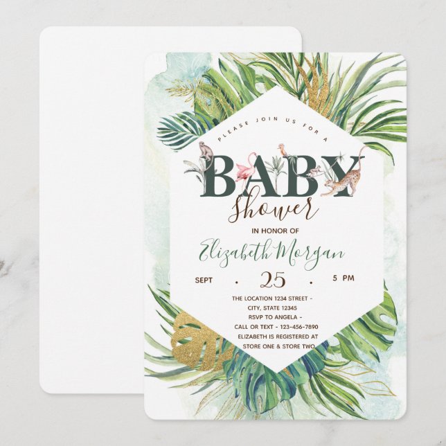 Vilda djur Palmblad Baby Shower Inbjudningar (Fram/baksida)