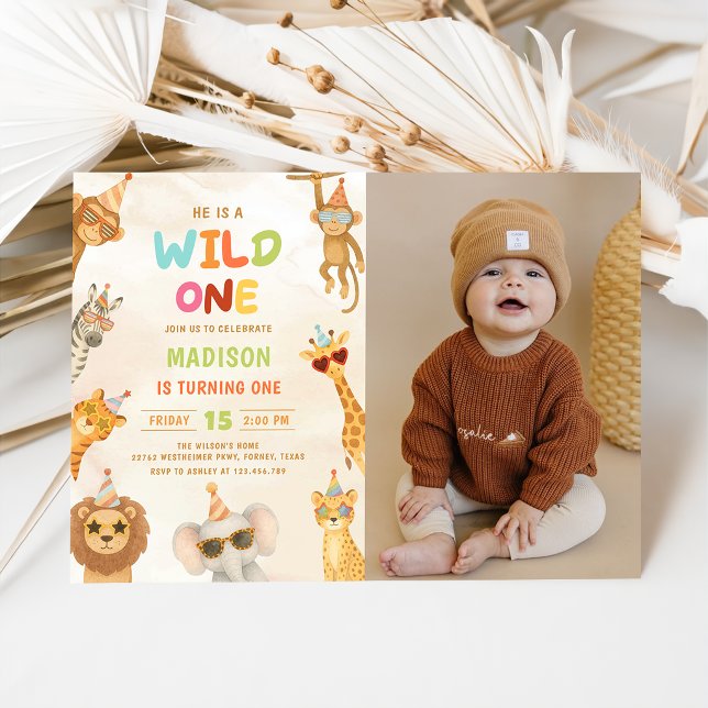 Vilda djur Safari 1-års födelsedagsfoto Inbjudningar (Skapare uppladdad)