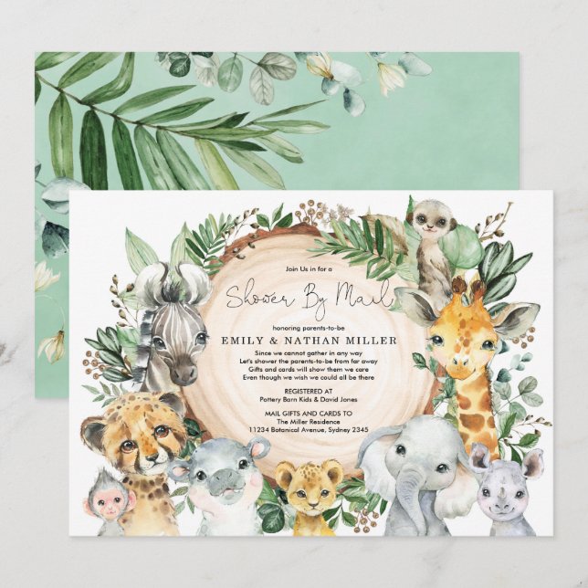 Vilda djur Safari Greenery Baby Shower by Mail Inbjudningar (Fram/baksida)