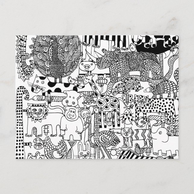 Vilda djur svart-vit illustration vykort (Framsida)